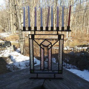 Unique handmade rustic hanukiah metal and stained glass Judaic candelabra